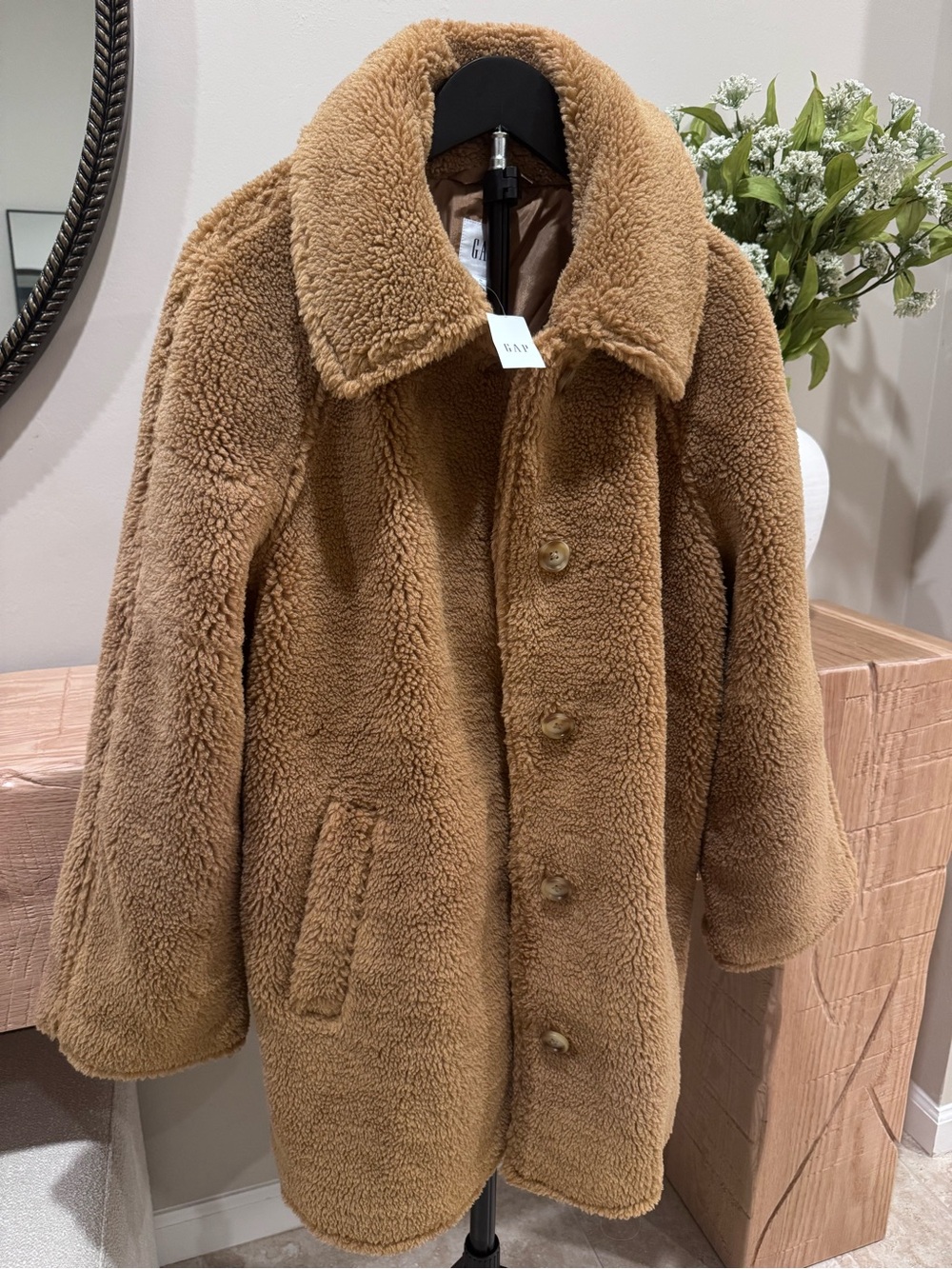 GAP Plush Teddy Puffer Coat in Camel Brown
